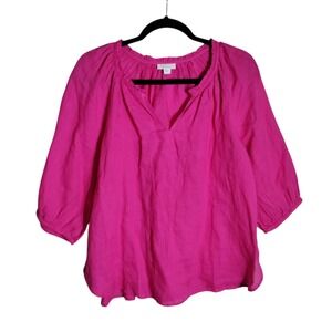 J. Jill Love Linen Hot Pink 100% Linen Split Neck Ruffle Blouse Womens Small